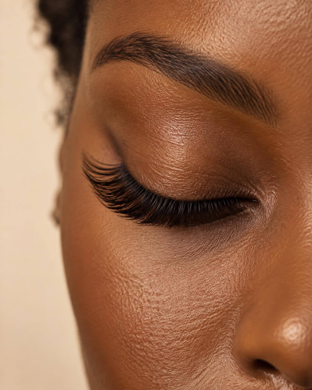 Close view of a detailed wispy lash extension set