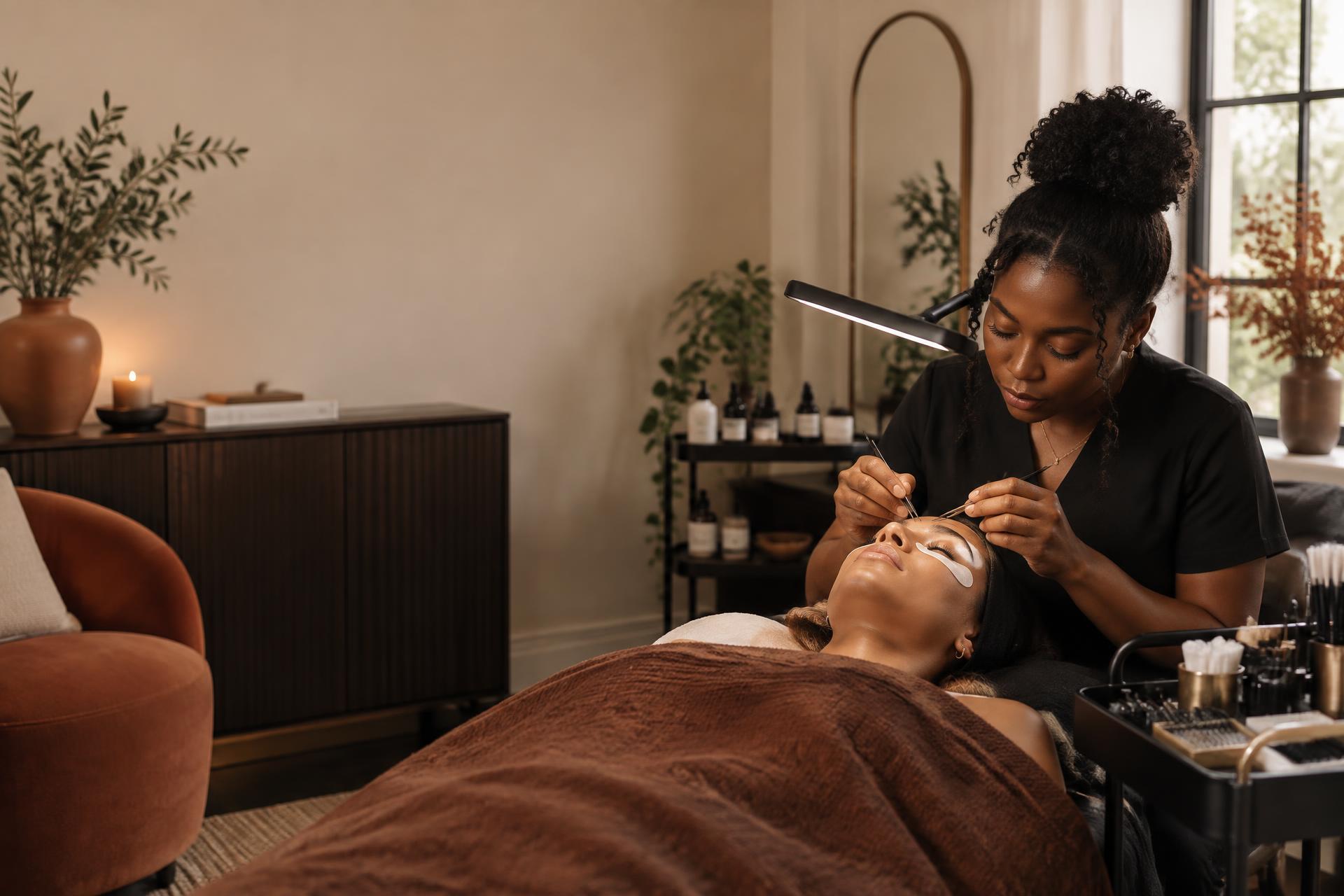 Lash artist applying extensions in a warm, calm studio